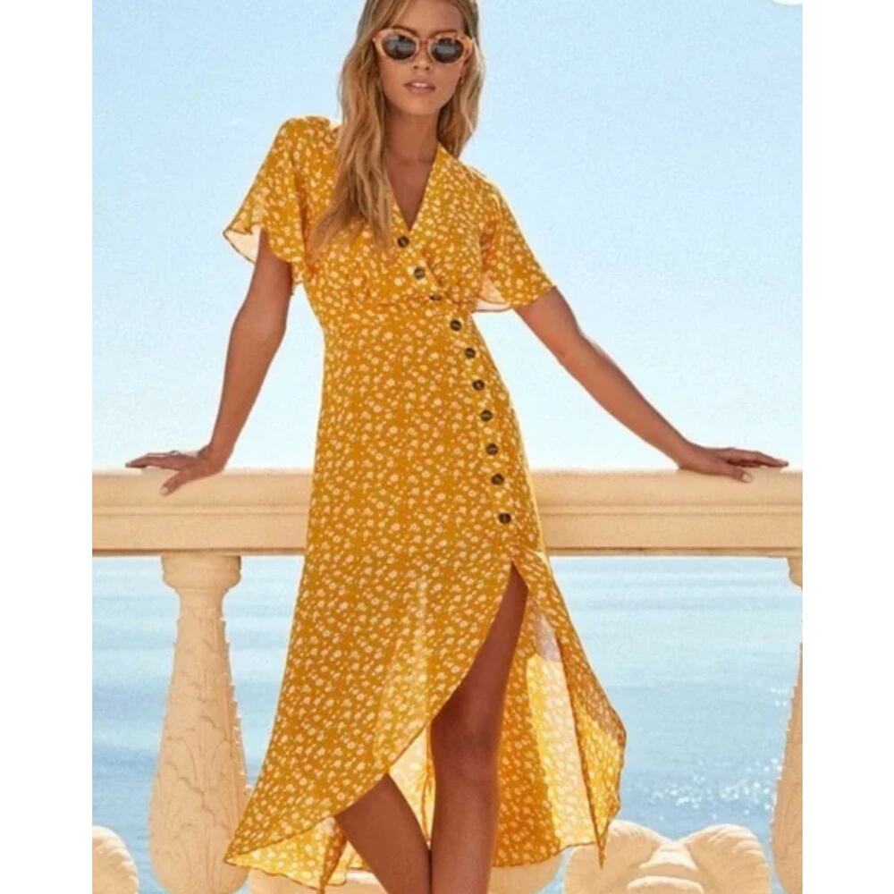 Lulus Womens After-Bloom Delight Floral Button Front Midi Golden Yellow Dress XS
